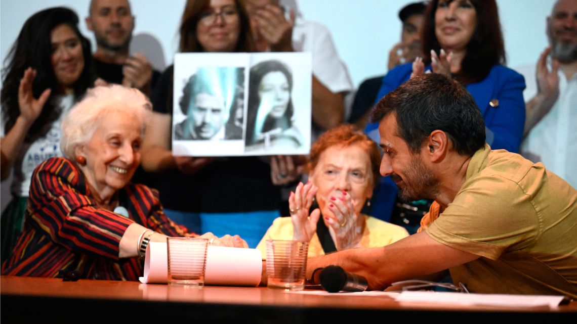 Estela de Carlotto, the president of the Abuelas de Plaza de Mayo, and Rosa Tarlovsky de Roisinblit, the organisation’s vice-president, are pictured with Daniel Inama, the brother of '139th grandchild', attend a press conference in Buenos Aires on January 21, 2025.