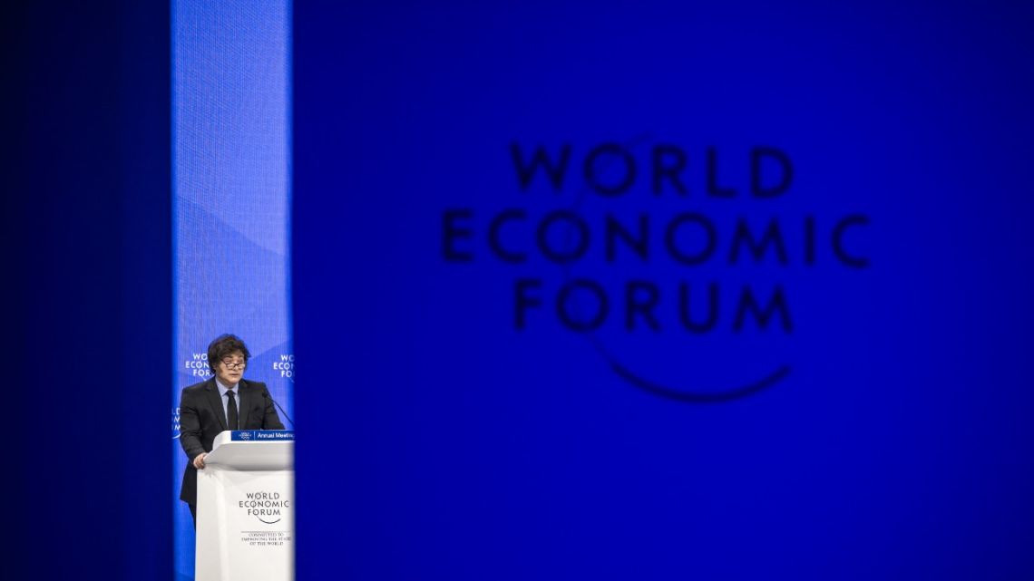 Argentina’s President Javier Milei addresses the audience during the World Economic Forum (WEF) annual meeting in Davos on January 23, 2025. 