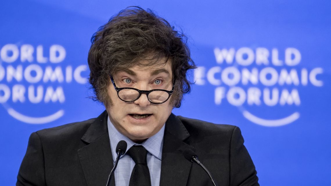 Argentina’s President Javier Milei addresses the audience during the World Economic Forum (WEF) annual meeting in Davos on January 23, 2025.