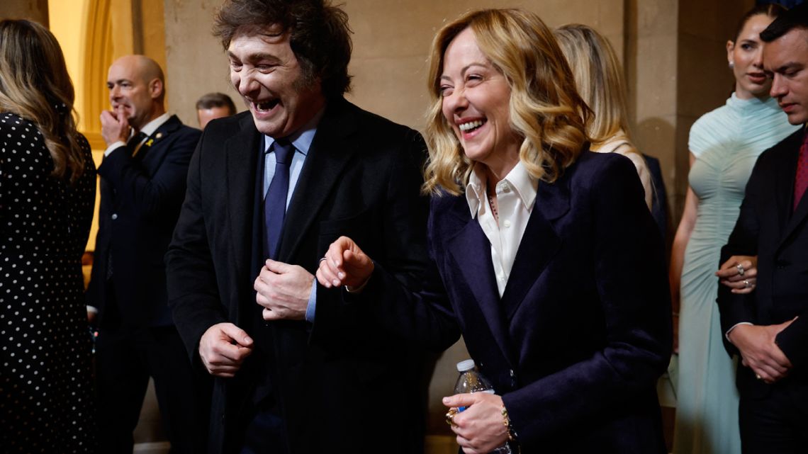 Argentina's President Javier Milei and Italian Prime Minister Giorgia Meloni await the start of US President Donald Trump's inauguration ceremony.