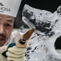 El chino Xiao Jun Li corta hielo mientras compite en el concurso de pastelería Bocuse d'Or 2025 en el SIRHA (Salón Internacional de la Restauración, de la Hotelería y de la Alimentación) en el pabellón Eurexpo en Chassieu, cerca de Lyon. | Foto:JEFF PACHOUD / AFP
