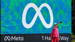 Signage outside the Meta headquarters in Menlo Park, California, US.