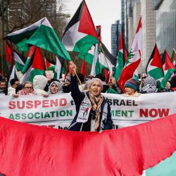 Manifestantes ondean banderas palestinas durante una manifestación convocada por una docena de organizaciones propalestinas en apoyo del pueblo palestino, en Bruselas. | Foto:Simon Wohlfahrt / AFP