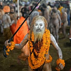 Un Naga Sadhu o santo hindú llega para darse un baño sagrado en Sangam, la confluencia de los ríos Ganges, Yamuna y el mítico Saraswati, durante el festival Maha Kumbh Mela en Prayagraj, India. | Foto:IDREES MOHAMMED / AFP