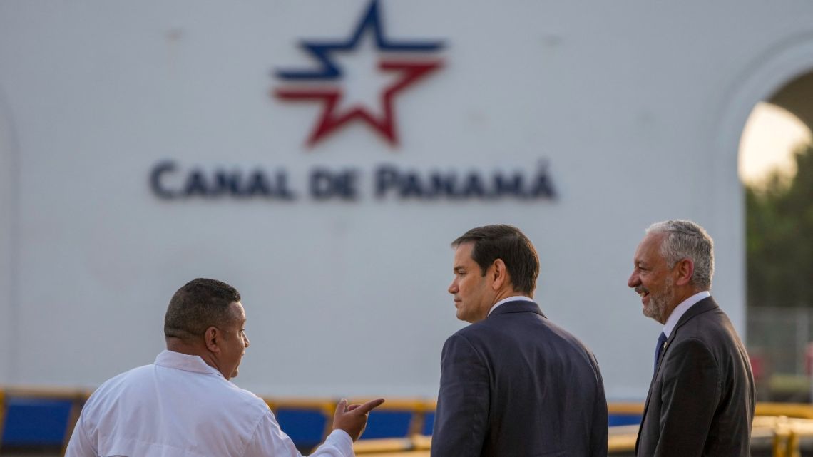 US Secretary of State Marco Rubio talks to Panama Canal Authority Administrator Ricaurte Vásquez during a tour at the Miraflores locks of the Panama Canal in Panama City on February 2, 2025.