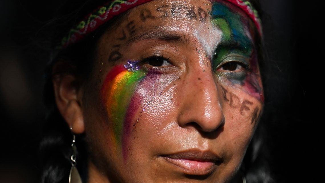 An Argentine indigenous woman looks during a national march called by women and LGBTQ pride groups in repudiation of President Javier Milei's remarks in Davos on feminism and the LGBT community, in Buenos Aires on February 1st, 2025.