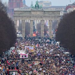 Los manifestantes participan en una manifestación bajo el lema "Alto contra los nazis" con la histórica Puerta de Brandeburgo de fondo en Berlín, Alemania. | Foto:JOHN MACDOUGALL / AFP