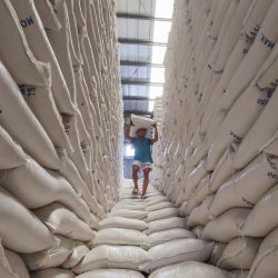 Un trabajador carga un saco de arroz dentro del almacén de la Autoridad Nacional de Alimentos (NFA, por sus siglas en inglés), en la ciudad de Valenzuela, Filipinas. | Foto:Xinhua/Rouelle Umali