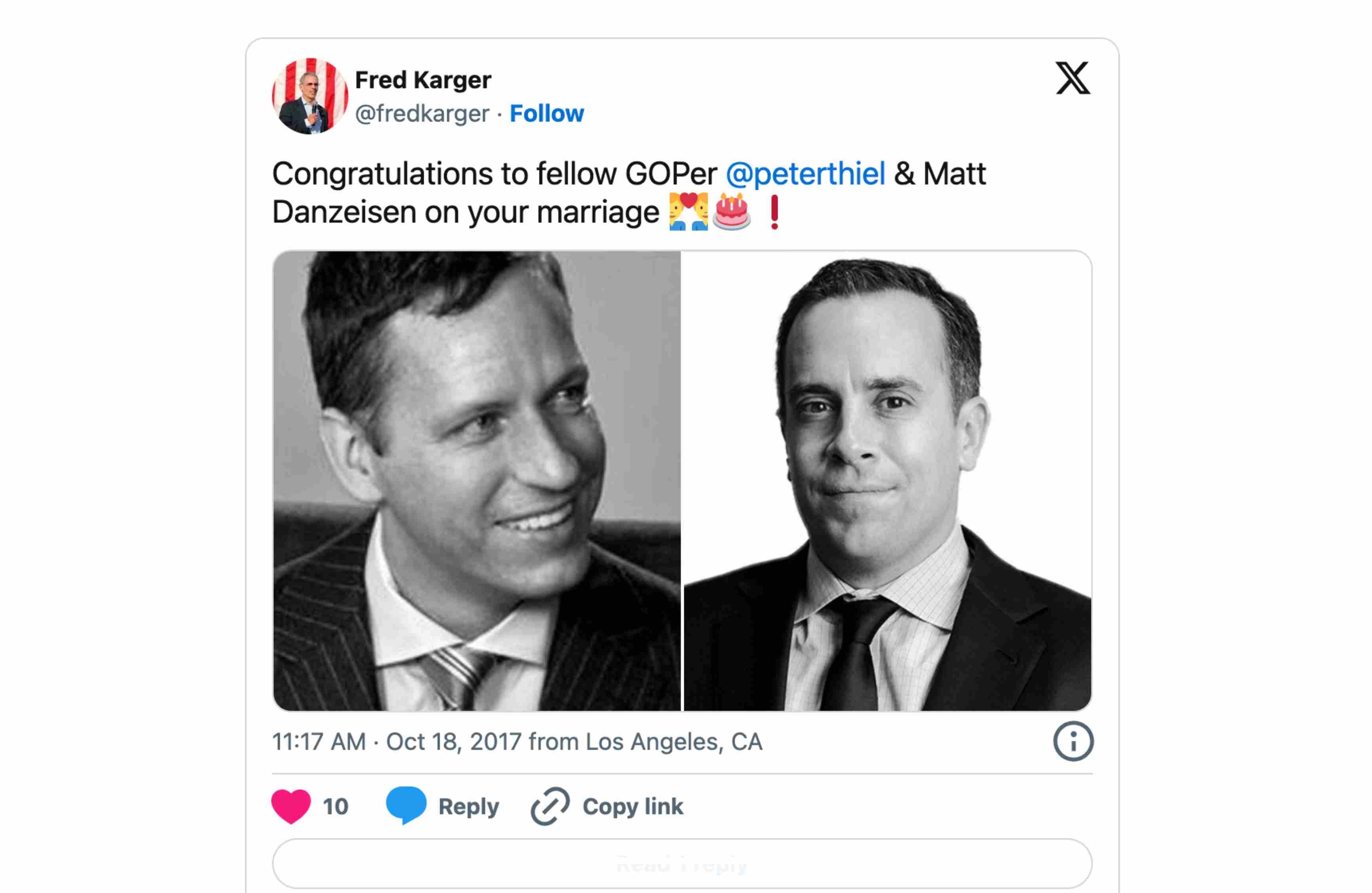 En Twitter (hoy X), revelan que Peter Thiel (izq.) se casó con Matt Danzeisen (der.).