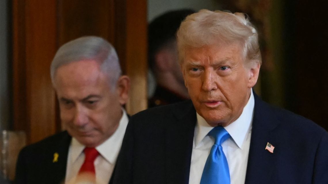 US President Donald Trump and Israel's Prime Minister Benjamin Netanyahu arrive to hold a press conference in the East Room of the White House in Washington, DC, on February 4, 2025. 