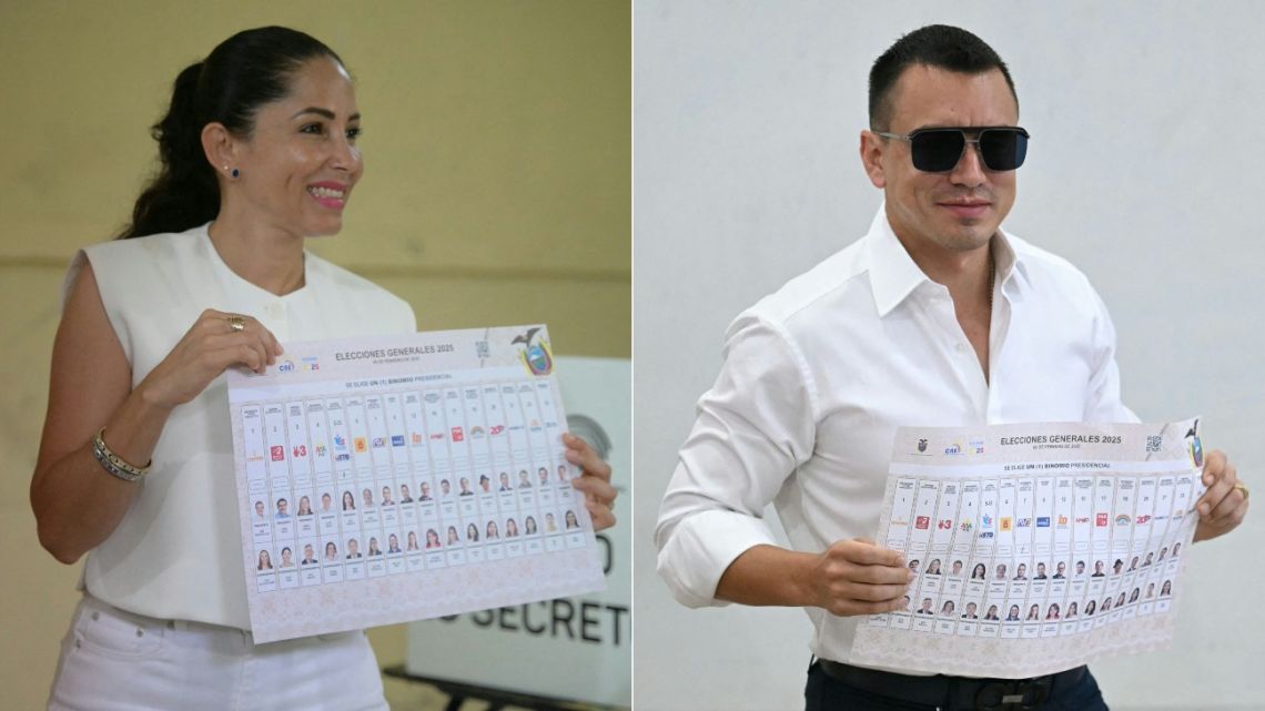 Ecuador's presidential candidate for the Movimiento Revolución Ciudadana party (Citizen Revolution Movement), Luisa González (left), showing her ballot after voting at a polling station in Canuto, Ecuador, on February 9, 2025, and Ecuador's President and presidential candidate for the Accion Democratica Nacional party (National Democratic Action), Daniel Noboa, showing his ballot after voting at a polling station in Olon, Santa Elena province, Ecuador.