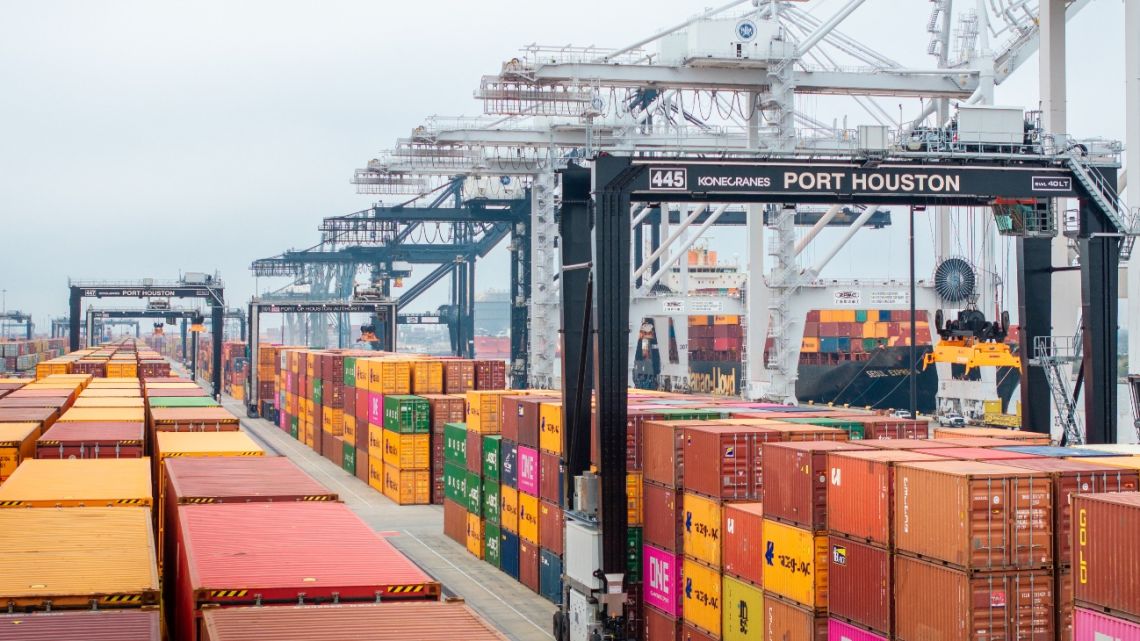 In an aerial view, shipping containers are organised at the Houston Port of Authority on February 10, 2025 in Houston, Texas. President Trump has announced that he will be imposing a 25% tariff on all foreign steel and aluminum imports into the United States.
