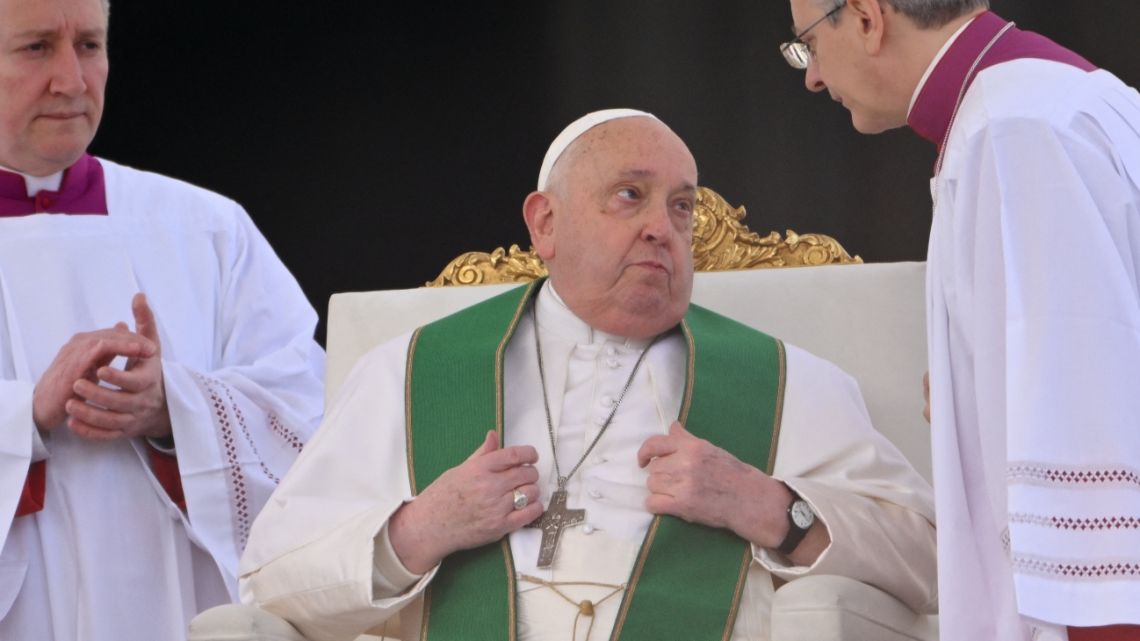 Pope Francis talks as he celebrates the mass for the Jubilee of the Armed Forces at St. Peter's square in the Vatican on February 9, 2025.