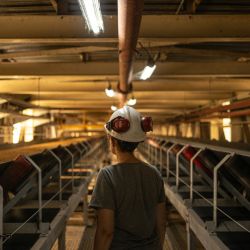 A worker at a soybean processing facility in Rosario.