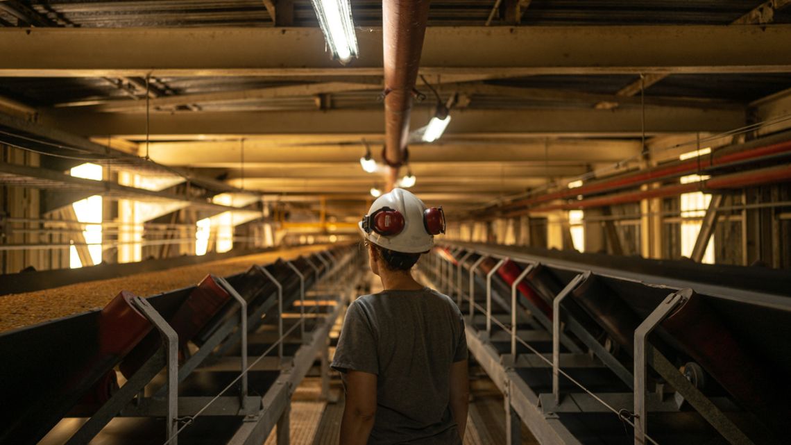 A worker at a soybean processing facility in Rosario.