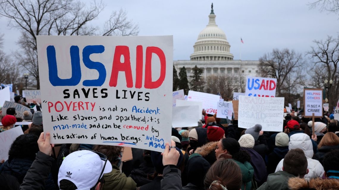 Supporters of the US Agency for International Development (USAid) rally on the grounds of the US Capitol on February 05, 2025 in Washington, DC.