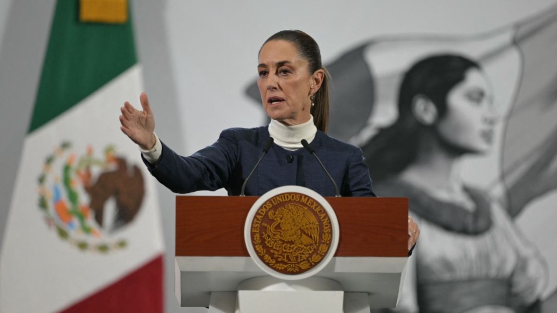 Mexico's President Claudia Sheinbaum speaks during her daily press conference at the National Palace in Mexico City on February 3, 2025.