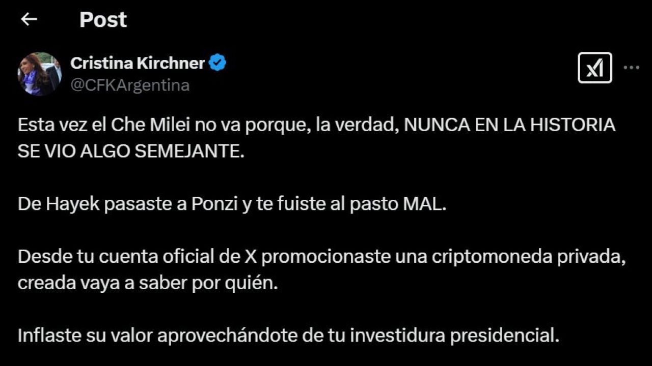 El tuit de CFK contra Milei | Foto:CEDOC