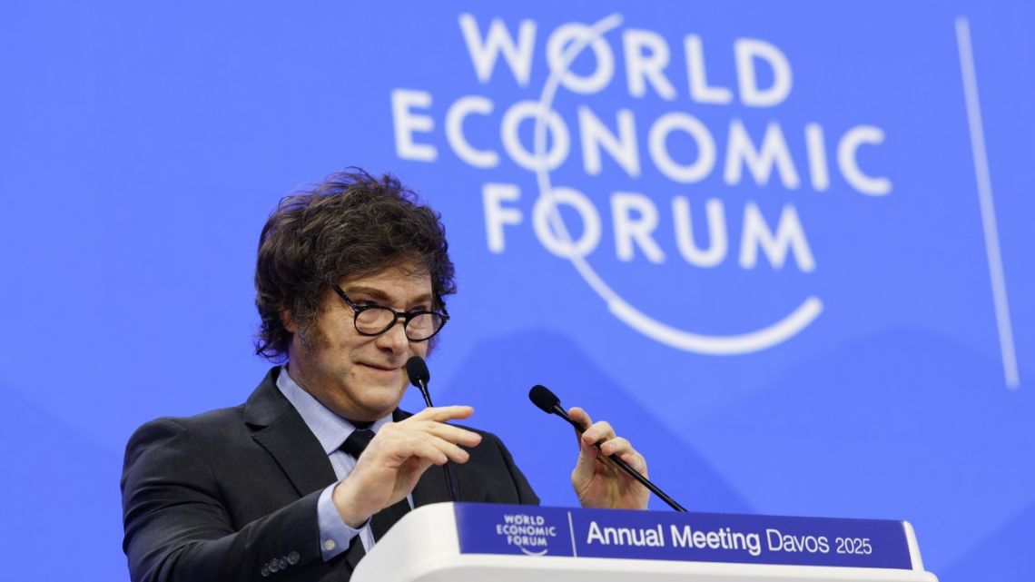 Javier Milei speaks at the World Economic Forum in Davos, Switzerland, on January 23.