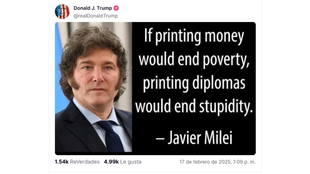 El respaldo de Donald Trump a Javier Milei: una foto y frase en su red social TruthSocial