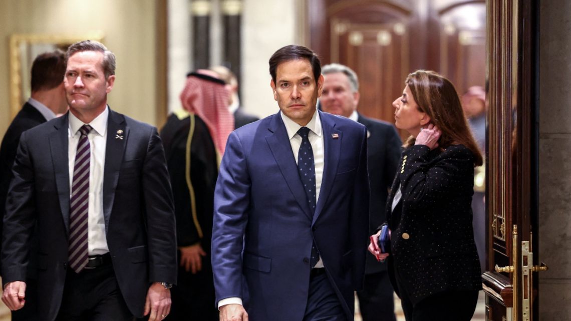 US Secretary of State Marco Rubio (R), US National Security Advisor Mike Waltz (L) and US Middle East envoy Steve Witkoff (back R) attend an interview after meeting with Russian Foreign Minister Sergei Lavrov and Russian President Vladimir Putin's foreign policy advisor Yuri Ushakov, at Diriyah Palace, in Riyadh, Saudi Arabia, on February 18, 2025.