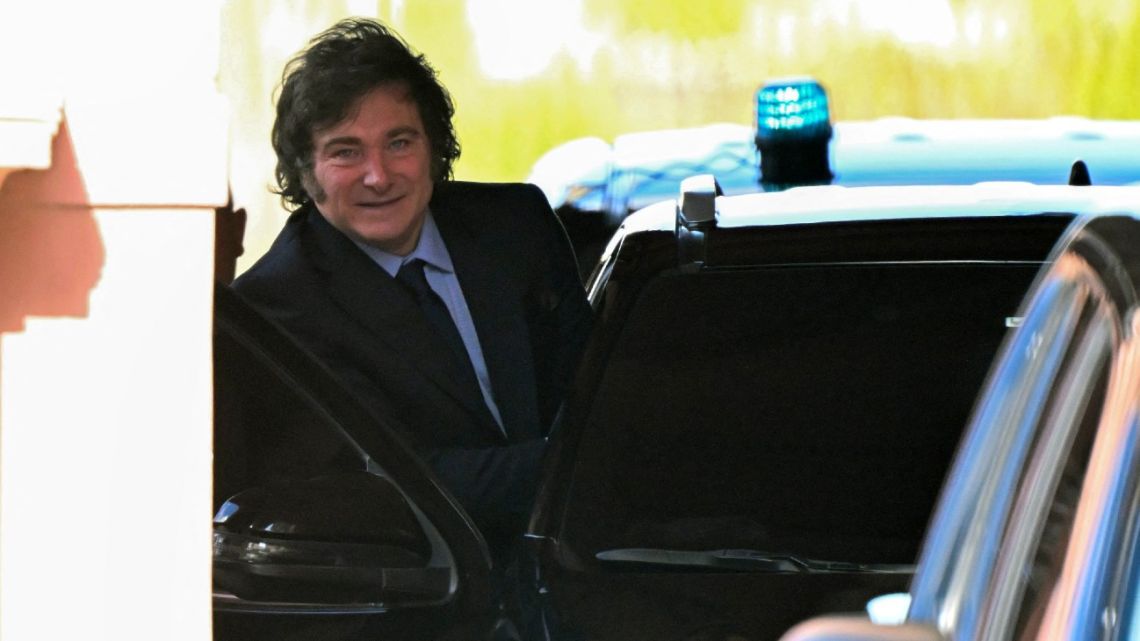 Argentina's President Javier Milei leaves the Casa Rosada presidential palace in Buenos Aires on February 17, 2025. 