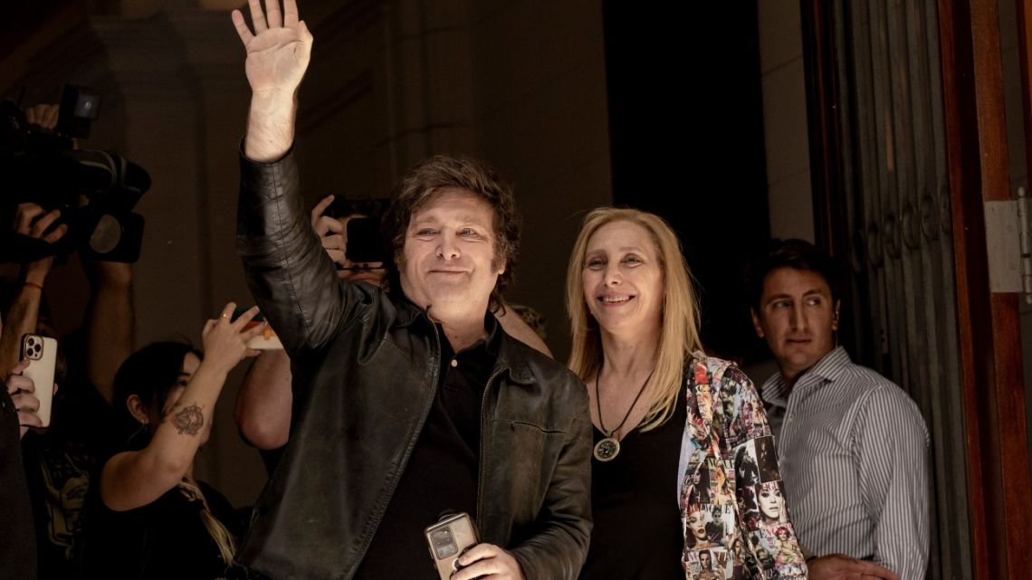 Javier Milei and his sister Karina Milei at a polling station during the presidential run-off in Buenos Aires in 2023.