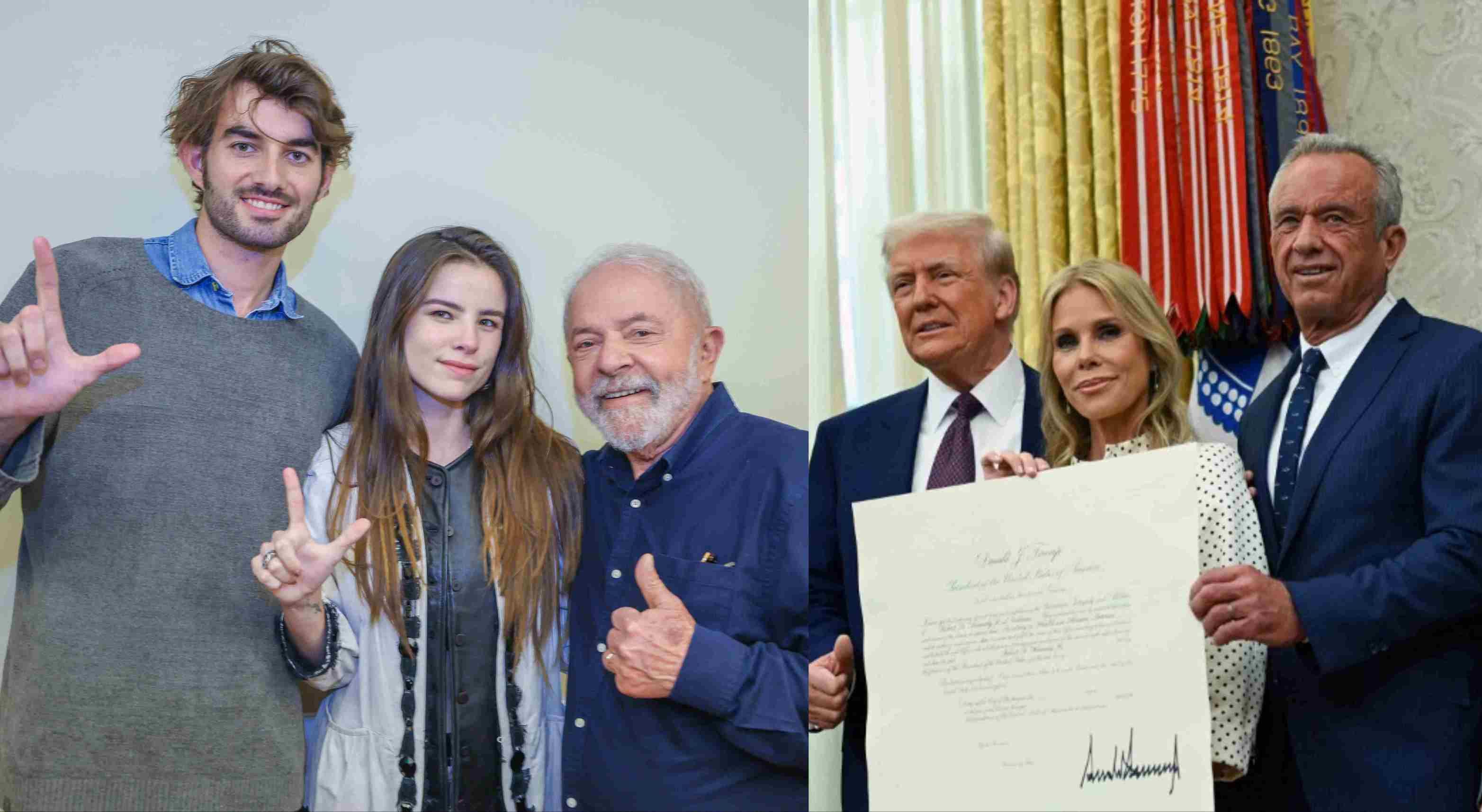 Connor Kennedy, su novia Giulia, Lula (izq.); Trump, Cheryl Hines, Robert Kennedy J. (der.).