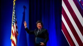 Javier Milei arrives to speak at the Conservative Political Action Conference in February 2024.