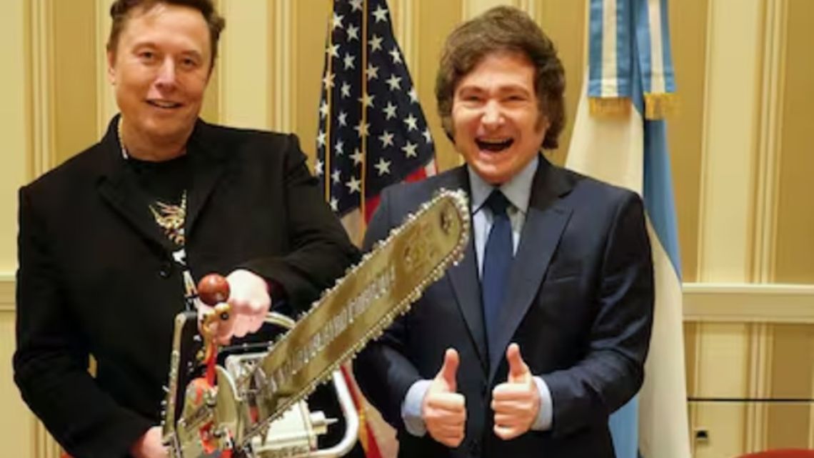 President Javier Milei gifts Elon Musk a chainsaw.