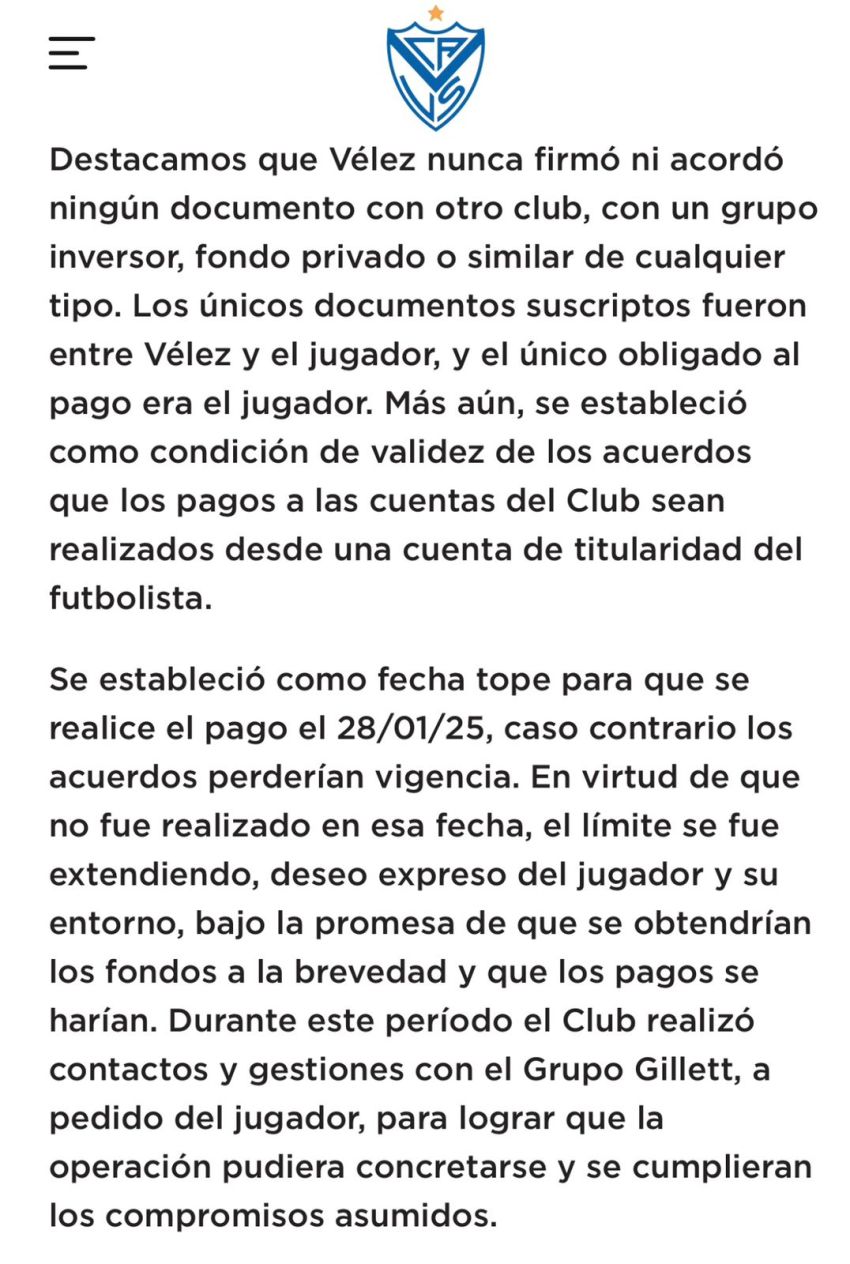 Comunicado de Vélez