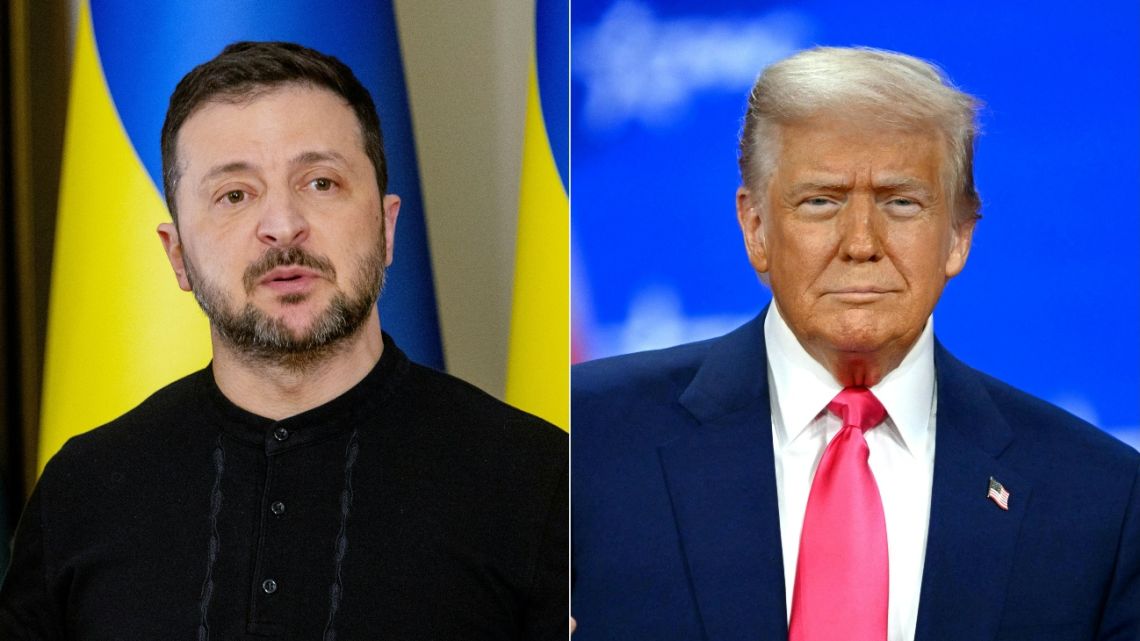 This combination of pictures created on February 25, 2025 shows Ukraine's President Volodymyr Zelenskyy (L) on February 12, 2025, and US President Donald Trump (R) on February 22, 2025.