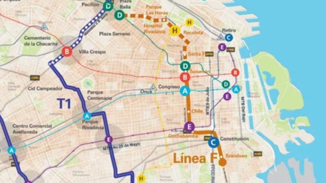 The proposed route for the 'Línea F' underground transit system.