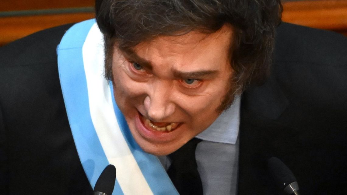 President Javier Milei gestures as he speaks during the inauguration of the 143rd ordinary session of Congress at the National Congress in Buenos Aires on March 1, 2025. 