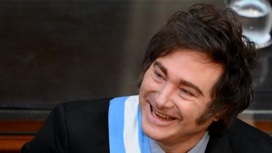 Argentina's President Javier Milei smiles during the inauguration of the 143rd ordinary session of Congress at the National Congress in Buenos Aires on March 1, 2025. 