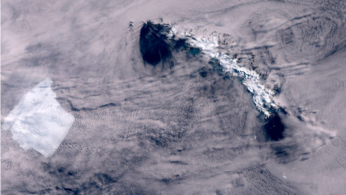 This handout satellite image released by Copernicus Sentinel Data 2025, shows A23A Iceberg getting closer to the South Georgia Island in the Weddell Sea in Antarctica on February 24, 2025. The world's biggest iceberg appears to have run aground, potentially sparing the crucial wildlife breeding ground of South Georgia from being hit by the behemoth, the British Antarctic Survey said on March 4, 2025. 