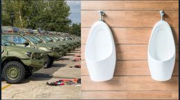 Camionetas del Ejército Argentino y mingitorios (NA/Redes Sociales)