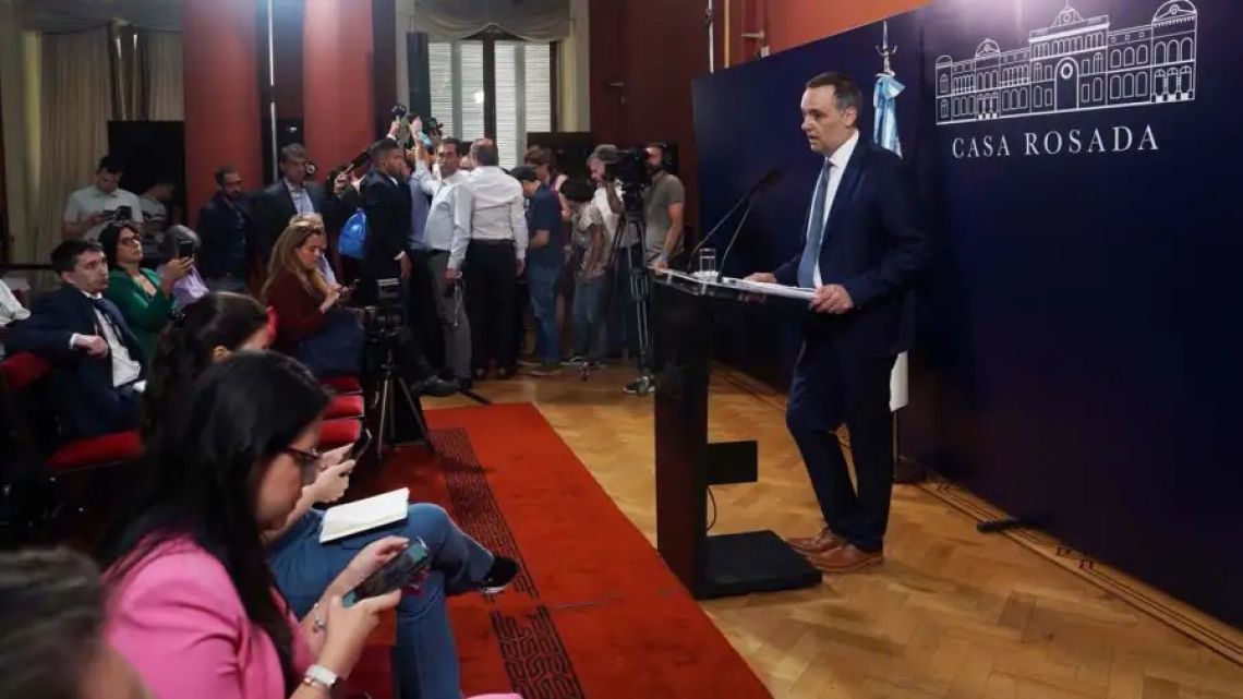 Presidential spokesperson Manuel Adorni gives a press conference at the Casa Rosada.