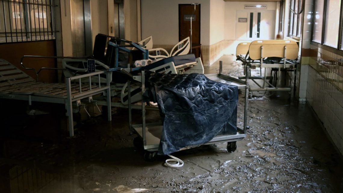 Handout pictures released by Buenos Aires Province Government Press Office showing damages of the flooded Hospital Dr. José Penna following a heavy storm that hit Bahia Blanca, 600 km south of Buenos Aires, Argentina, on March 8, 2025. At least ten people died and more than 1,000 were evacuated in the Argentine port city of Bahia Blanca as torrential rains flooded homes and hospitals, destroyed roads and forced authorities to cut the power. 