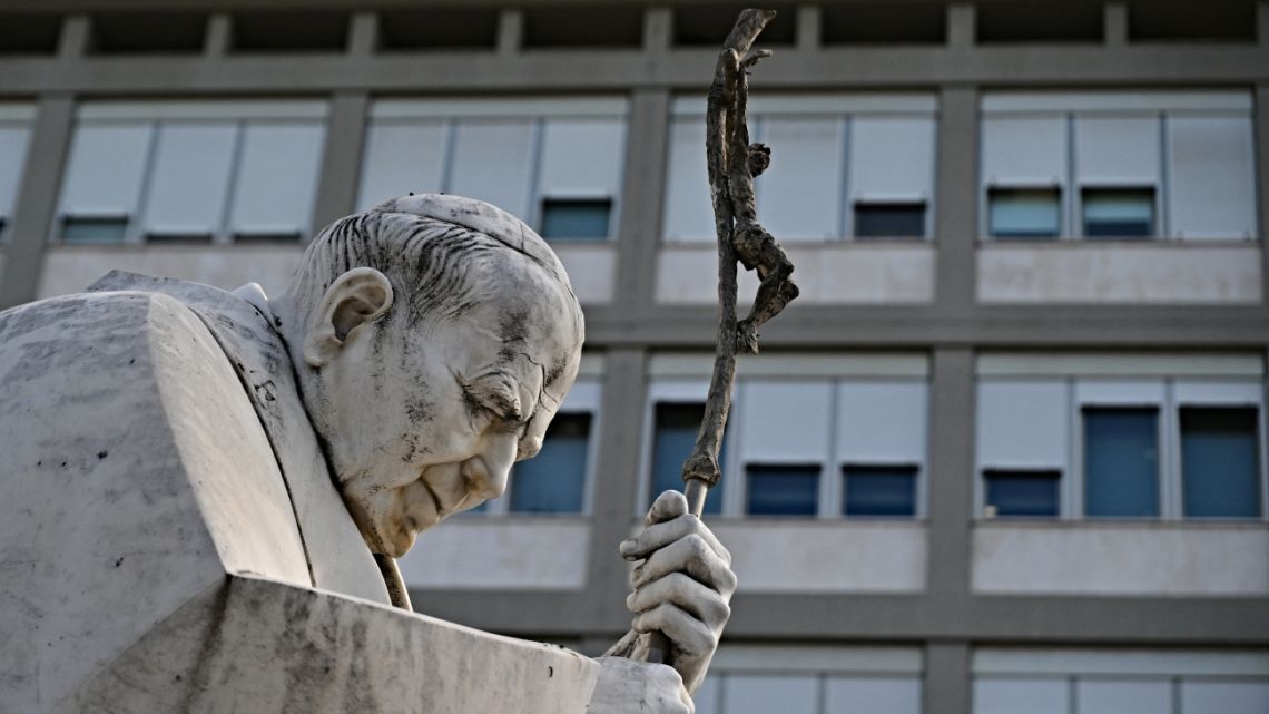 The statue of John Paul II outside the Gemelli University Hospital where Pope Francis is hospitalised with pneumonia, in Rome on March 10, 2025.