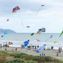 Personas vuelan cometas, en la playa Otaki, Nueva Zelanda. | Foto:Xinhua/Long Lei