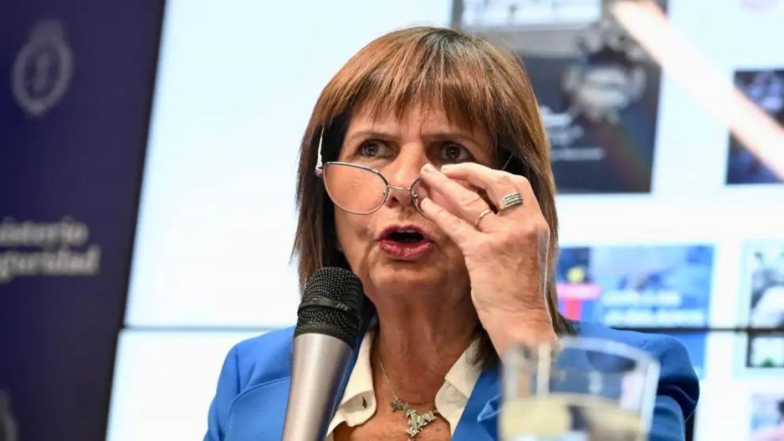 Security Minister Patricia Bullrich gives a press conference at the headquarters of the National Security Ministry in Buenos Aires.