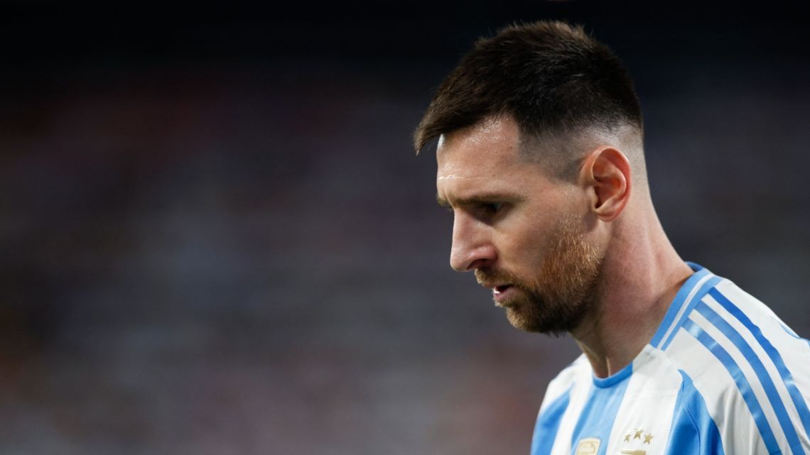 Argentina's forward #10 Lionel Messi looks on during the Conmebol 2024 Copa America tournament group A football match between Chile and Argentina at MetLife Stadium in East Rutherford, New Jersey on June 25, 2024.