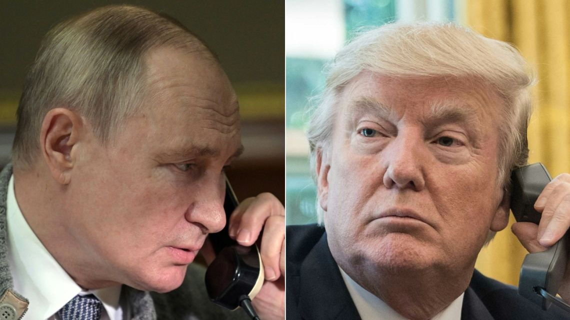 This combination of pictures created on March 18, 2025 shows, L-R, Russia's President Vladimir Putin in Strelna, outside St. Petersburg, on December 27, 2021 and US President Donald Trump in the Oval Office at the White House in Washington, DC, on June 27, 2017.