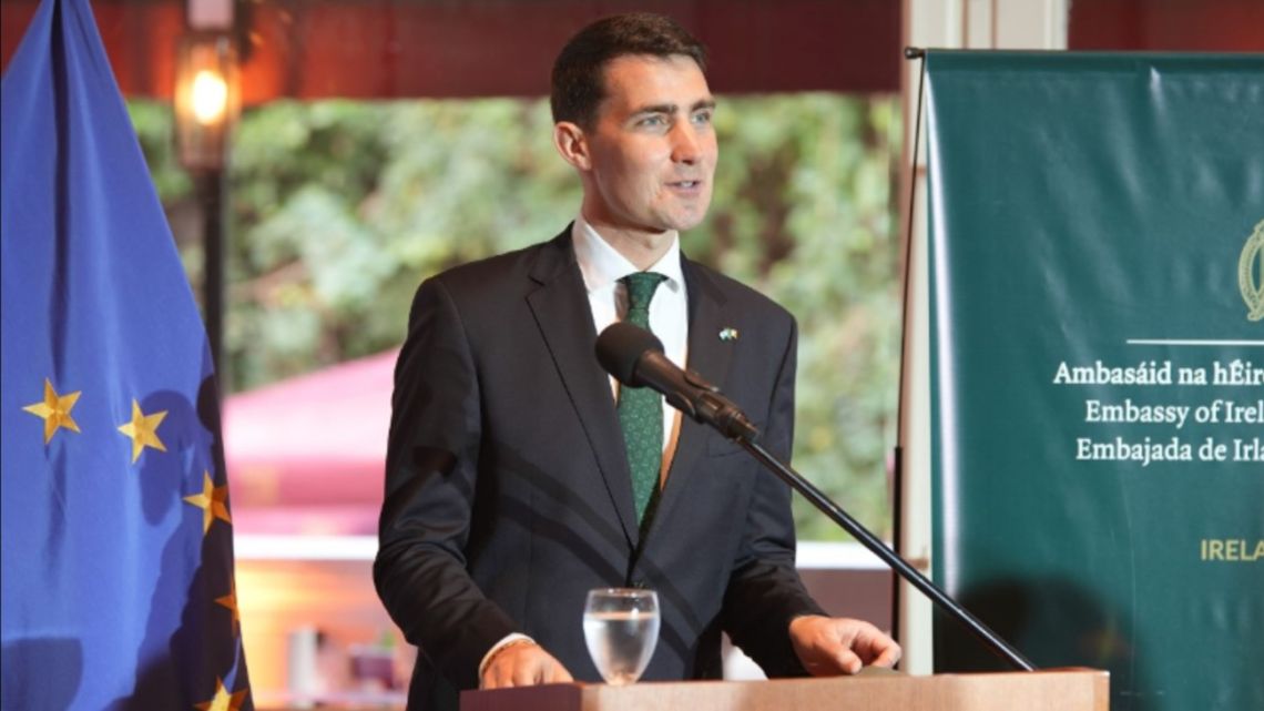 Jack Chambers, Ireland’s Minister for Public Expenditure, Infrastructure, Public Services, Reform and Digitalisation, gives a speech to mark St Patrick's Day.