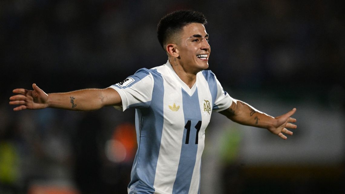 Argentina's midfielder Thiago Almada celebrates after scoring during the 2026 FIFA World Cup South American qualifiers football match between Uruguay and Argentina at the Centenario stadium in Montevideo, on March 21, 2025. 