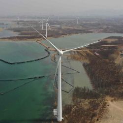 Una vista aérea muestra las turbinas eólicas de la empresa china Goldwind en Zhangjiakou, provincia de Hebei. Foto de Adek BERRY / AFP | Foto:AFP