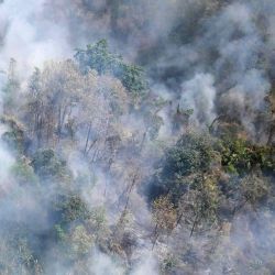 Humo se eleva desde los incendios forestales, visto desde un helicóptero, sobre el distrito de Mae On, en la provincia de Chiang Mai, al norte de Tailandia. Foto de MANAN VATSYAYANA / AFP | Foto:AFP