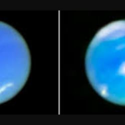 A la izquierda, una imagen de Neptuno en color mejorado tomada por el telescopio espacial Hubble de la NASA. A la derecha, esa imagen se combina con datos del telescopio espacial James Webb de la NASA. 