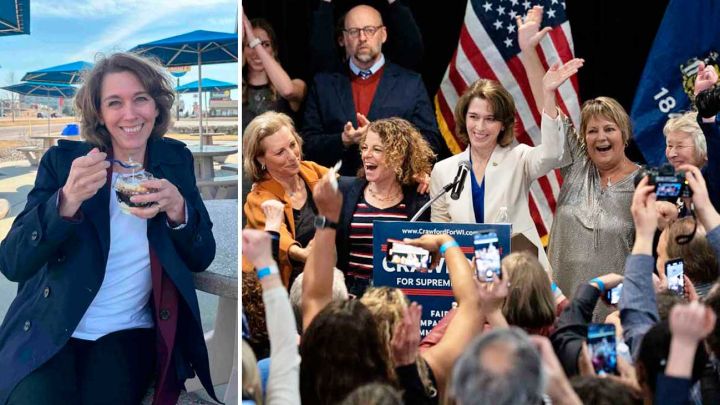 Festejo. Junto a mujeres juristas de Wisconsin, Susan Crawford celebró su triunfo como nueva jueza suprema del Estado. Relax y de civil, en su ciudad.